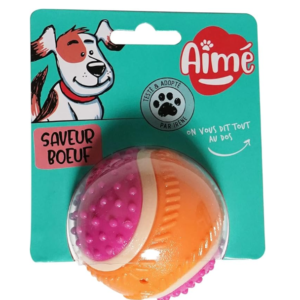 Aimé - Balle pour Chien 5 en 1 Saveur Bœuf - Jouet Interactif/Éducatif pour Développer et Stimuler les 5 Sens - Résistant Toutes Races et Tous Âges - Balle 6 cm